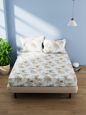 Bianca Cotton Double Flat 144 TC Floral Bedsheet(Pack of 1, IVORY/YELLOW)