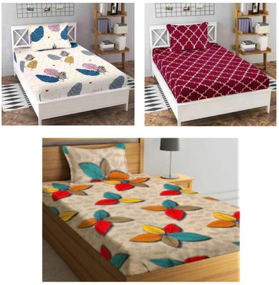 kaku handloomm Cotton Single Flat 104 TC 3D Printed Bedsheet(Pack of 3, Pink, Blue, Grey)