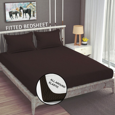 Homefab India 140 TC Cotton King Striped Fitted (Elastic) Bedsheet(Pack of 1, Brown)