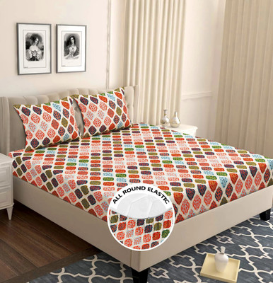 VAS COLLECTIONS Microfiber Double Fitted (Elastic) 144 TC Abstract Bedsheet(Pack of 1, Jaipuri Multicolor-4)