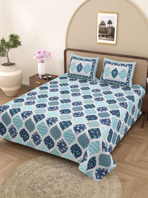 KUVAS Cotton King Flat 250 TC Jaipuri Prints Bedsheet(Pack of 1, Blue)
