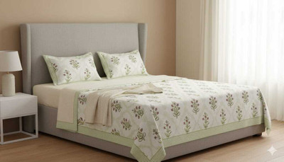 Rigveda Cotton King Flat 150 TC Jaipuri Prints Bedsheet(Pack of 1, White)