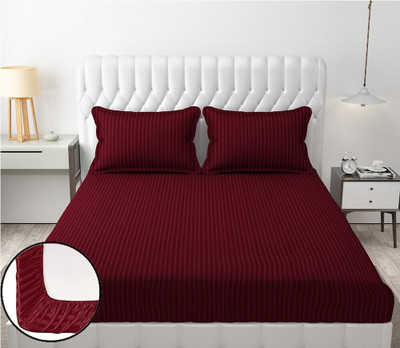 RADRUGS 280 TC Cotton Double Striped Fitted (Elastic) Bedsheet(Pack of 1, Maroon)