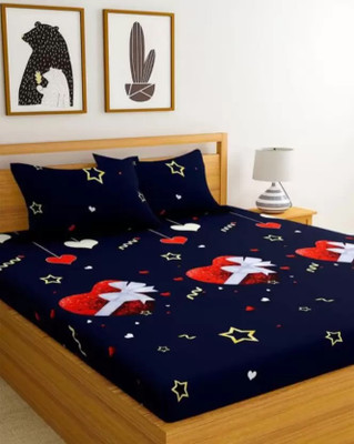 Khwaish Microfiber Double Flat 140 TC 3D Printed Bedsheet(Pack of 2, Navy Blue)