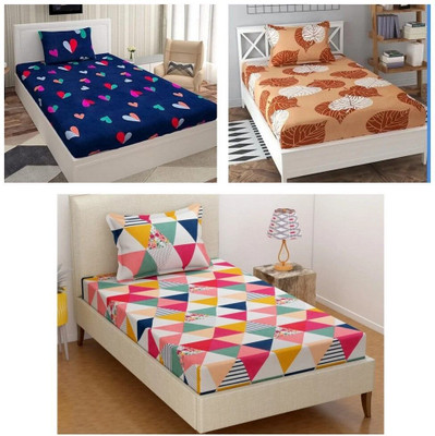 Aarvi styles Cotton Single Flat 104 TC 3D Printed Bedsheet(Pack of 3, Pink, Blue, Grey)