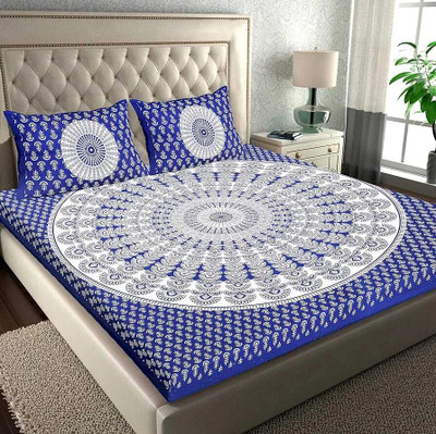 Tanishfabric 200 TC Cotton Double Jaipuri Prints Flat Bedsheet(Pack of 1, Blue)