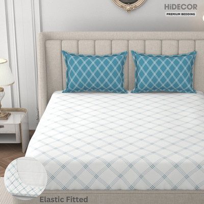 HIDECOR 280 TC Microfiber King Geometric Fitted (Elastic) Bedsheet(Pack of 1, White & Multicolor)