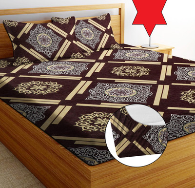 EXFAB 244 TC Cotton Double Printed Fitted (Elastic) Bedsheet(Pack of 1, Coffee)