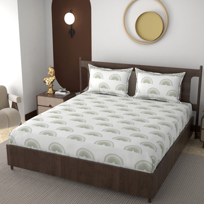 real dream 210 TC Cotton King Abstract Fitted (Elastic) Bedsheet(Pack of 1, White, Green)