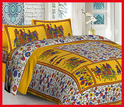 BedZone Cotton Double Flat 230 TC Jaipuri Prints Bedsheet(Pack of 1, Yellow)