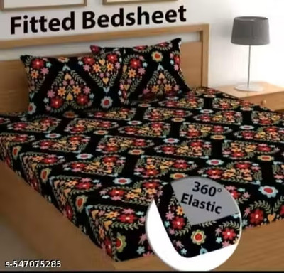 Yogini Microfiber Double Fitted (Elastic) 210 TC Floral Bedsheet(Pack of 1, Black)