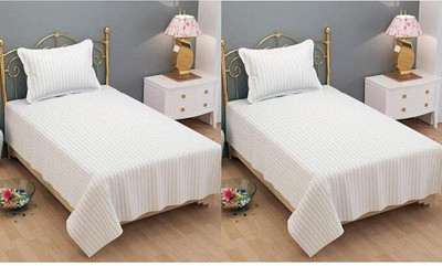 DECOR2ADMIRE Cotton Single Flat 300 TC Striped Bedsheet(Pack of 2, White)