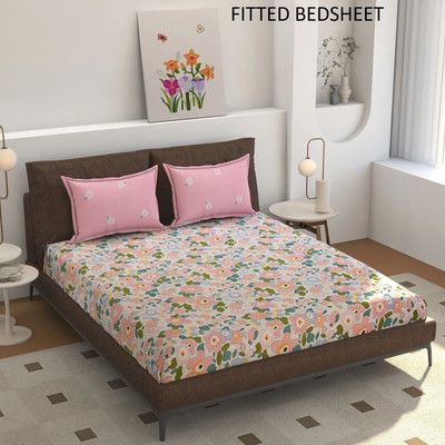 SUKHAURA Polycotton King Fitted (Elastic) 230 TC Floral Bedsheet(Pack of 1, Multicolor)