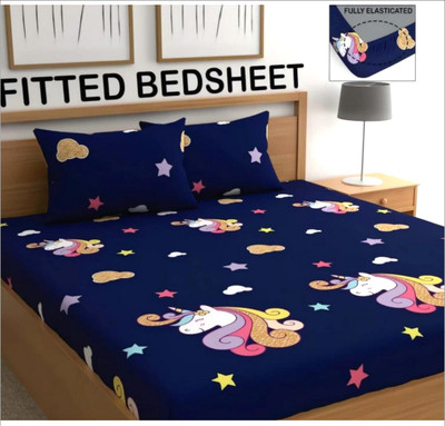 The Divine 450 TC Cotton Super King 3D Printed Fitted (Elastic) Bedsheet(Pack of 1, 36-Blue,180)