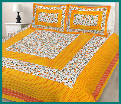 BedZone Cotton Double Flat 240 TC Jaipuri Prints Bedsheet(Pack of 1, Yellow)