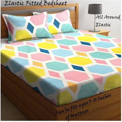 Amrange 210 TC Cotton King Geometric Fitted (Elastic) Bedsheet(Pack of 1, Multi Circle)