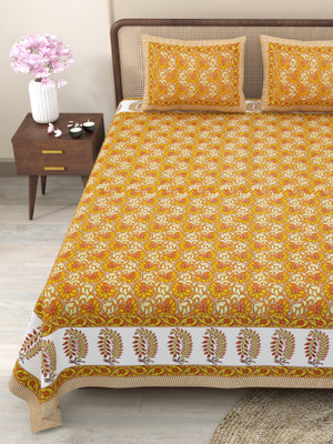 CLOTHOLOGY Cotton King Flat 240 TC Jaipuri Prints Bedsheet(Pack of 1, Orange, Yellow)
