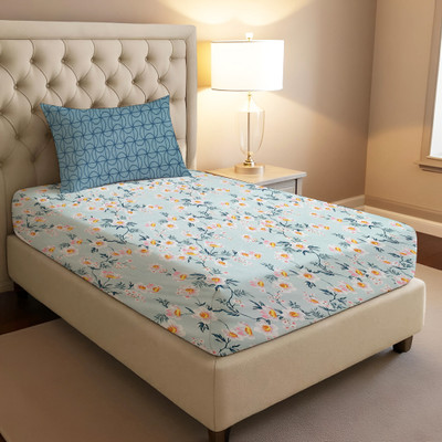 BharatLinen 144 TC Cotton Single Jaipuri Prints Flat Bedsheet(Pack of 1, Teal Or Blue Light)