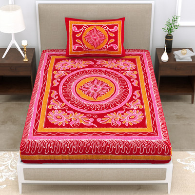 LOCEE 144 TC Cotton Single Printed Flat Bedsheet(Pack of 1, Red)