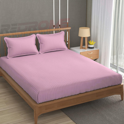REDROME Cotton Double Flat 300 TC Striped Bedsheet(Pack of 1, Baby Pink)