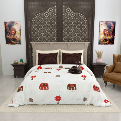 RJ Cotton King Flat 210 TC Printed Bedsheet(Pack of 1, Bedsheet-Ele-White)