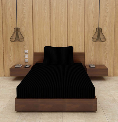 Priscilla 200 TC Satin Single Striped Fitted (Elastic) Bedsheet(Pack of 1, Black)