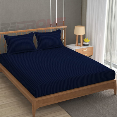 REDROME Cotton Double Flat 300 TC Striped Bedsheet(Pack of 1, Navy Blue)