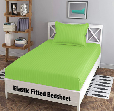 EVAHOME Cotton Single Fitted (Elastic) 300 TC Striped Bedsheet(Pack of 1, Light Green)