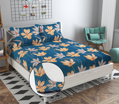 SMenterprisesme Cotton Double Fitted (Elastic) 180 TC Floral Bedsheet(Pack of 1, Ocean Blue Bedsheets (Size : 72X78 Inches) with 2 Pillow Covers (Size : 44x66))