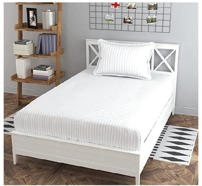 Aki Traders 120 TC Satin Single Striped Fitted (Elastic) Bedsheet(Pack of 1, White)