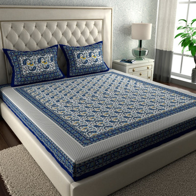 CLOTHSIDE 144 TC Cotton Double Jaipuri Prints Flat Bedsheet(Pack of 1, Blue)