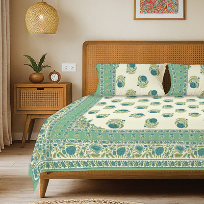 Urban Space Cotton King Flat 240 TC Floral Bedsheet(Pack of 1, Beige, Green)