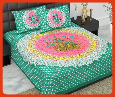 JAIPUR PRINTS Cotton Double Flat 240 TC Jaipuri Prints Bedsheet(Pack of 1, Green)