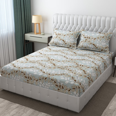Akshra Loomtex 210 TC Polycotton King Floral Fitted (Elastic) Bedsheet(Pack of 1, Grey Leaf)