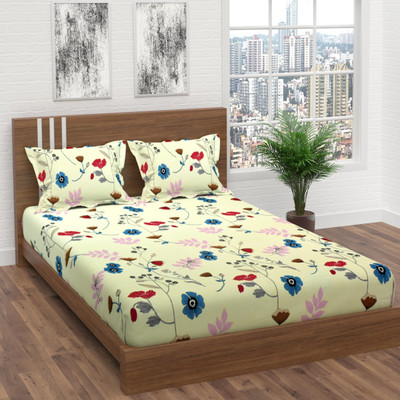 PATNOS 300 TC Microfiber King Checkered Fitted (Elastic) Bedsheet(Pack of 1, Cream)