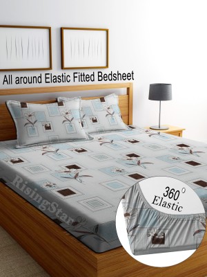 RisingStar 250 TC Cotton King Abstract Fitted (Elastic) Bedsheet(Pack of 1, FITTED_SkyBlueFloral_NEW)