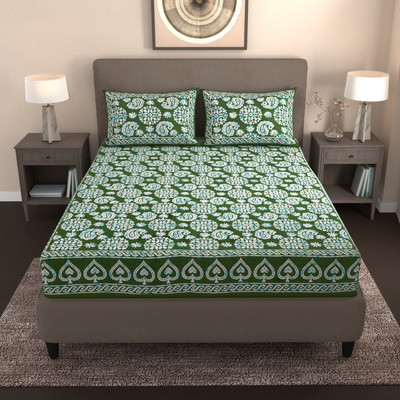 Flipkart SmartBuy 160 TC Cotton King Jaipuri Prints Flat Bedsheet(Pack of 1, Everglade)