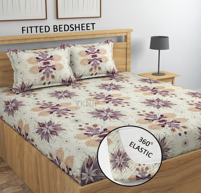 YKNIP 260 TC Cotton Double, King Floral Fitted (Elastic) Bedsheet(Pack of 1, Soft King Double Fitted Bedsheet 78x72 In with 2 Pillow Covers 18x28 In (301))
