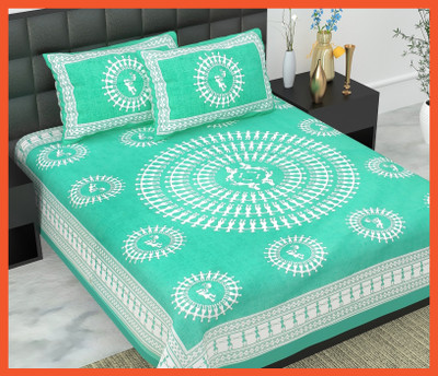 JAIPUR PRINTS Cotton Double Flat 240 TC Jaipuri Prints Bedsheet(Pack of 1, Sky)