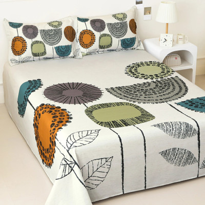 Story@home 300 TC Satin King Printed Flat Bedsheet(Pack of 1, Ivory)