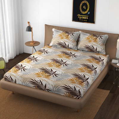 GLORIES 210 TC Cotton Double Printed Fitted (Elastic) Bedsheet(Pack of 1, Brown)