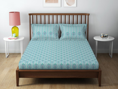 SPACES 132 TC Cotton Queen Printed Flat Bedsheet(Pack of 1, Aqua)