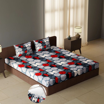 CARLTON LONDON 180 TC Polyester Queen Geometric Fitted (Elastic) Bedsheet(Pack of 1, Grey Silver)