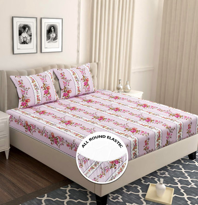 BSB HOME Cotton Double Fitted (Elastic) 180 TC Abstract Bedsheet(Pack of 1, Light Pink & White4)