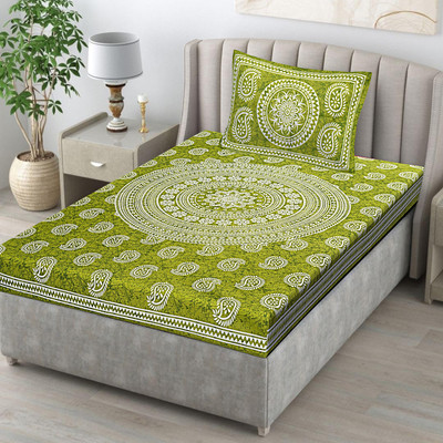 Ubania Collection 140 TC Cotton Single Jaipuri Prints Flat Bedsheet(Pack of 1, Green)