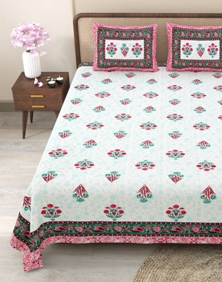 CLOTHOLOGY Cotton King Flat 240 TC Jaipuri Prints Bedsheet(Pack of 1, Pink, Green, White)