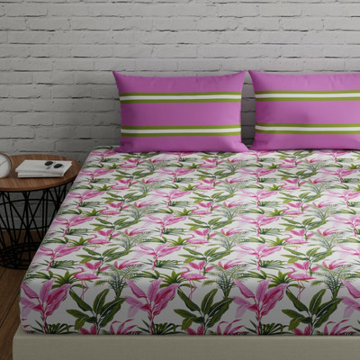 Huesland 144 TC Cotton Double Striped Flat Bedsheet(Pack of 1, Flamingo & Stripes - Pink & Green)