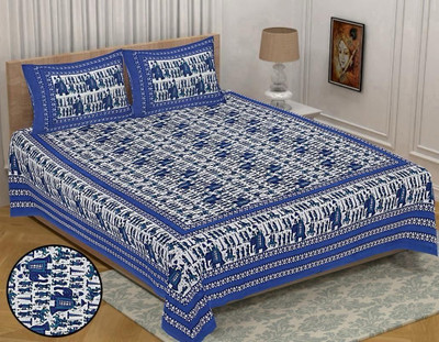 BBSPED Cotton Queen Flat 200 TC Jaipuri Prints Bedsheet(Pack of 1, Blue)