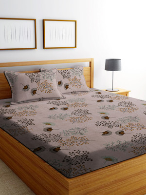EXFAB 244 TC Cotton King Printed Fitted (Elastic) Bedsheet(Pack of 1, Brown Leaf)