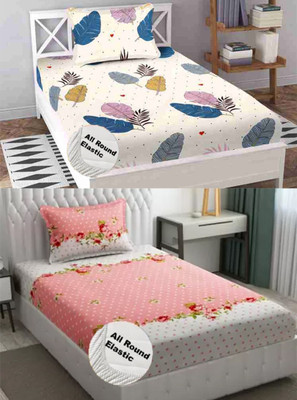 Nt@ub 210 TC Cotton Single Printed Fitted (Elastic) Bedsheet(Pack of 2, Cream Leaf, Pink Dot)